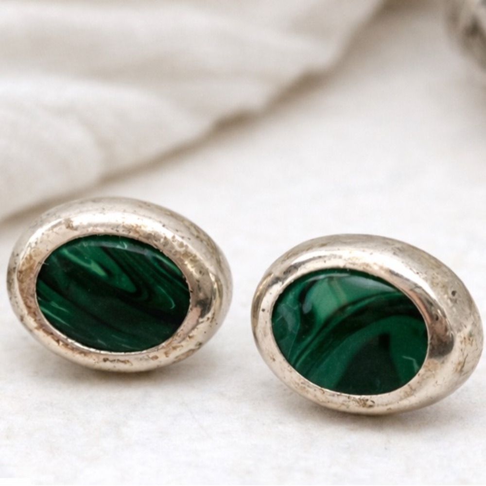Taxco Sterling Silver Malachite Earrings 💚 Artisan Vintage Mexico